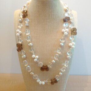 Vintage Quartz & Genuine Pearl Long Necklace with Sterling Silver Clasp